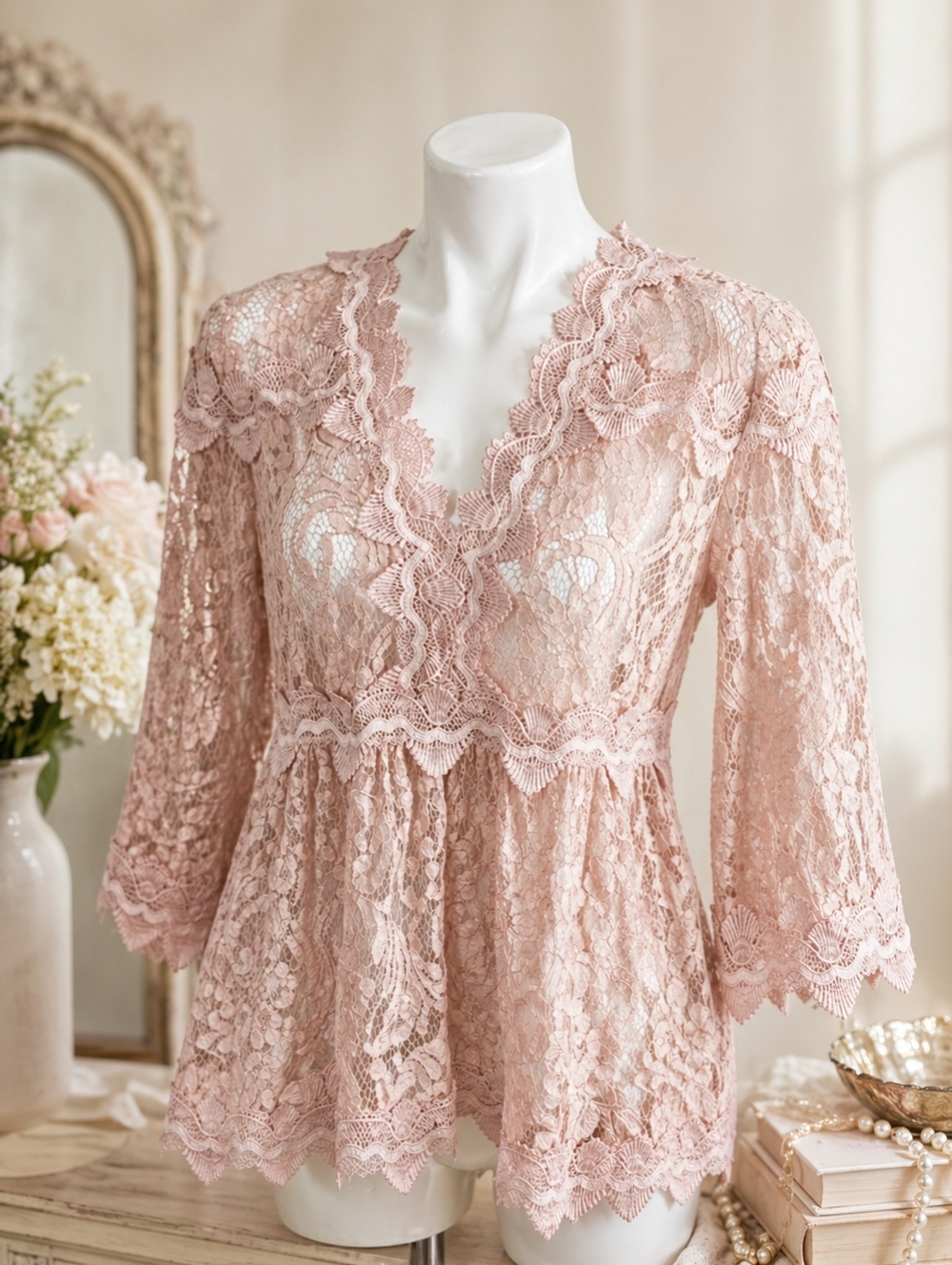 POL Pale Pink Lace Blouse Sz M Cottagecore Ethereal ROMANTIC Fairy
